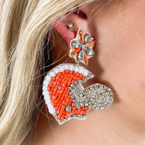 Tennessee Vols Rhinestone & Seed Beaded Football Helmet Earrings NEW - Picture 2 of 3